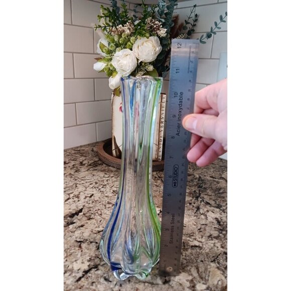Vintage "Snowflakes" Glass Vase Blue, Green, Clear Art - Picture 14 of 15